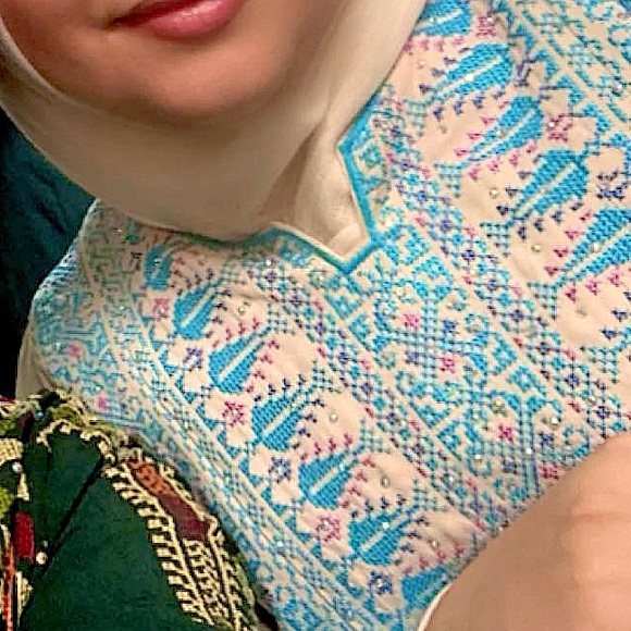 Palestinian Thobe Cream with Light Blue Embroidery - Picture 3 of 3